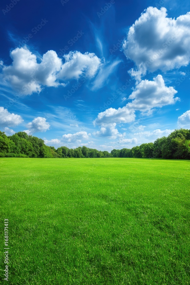 Fototapeta premium Lush Green Field Under a Bright Blue Sky with Fluffy White Clouds Landscape Photography