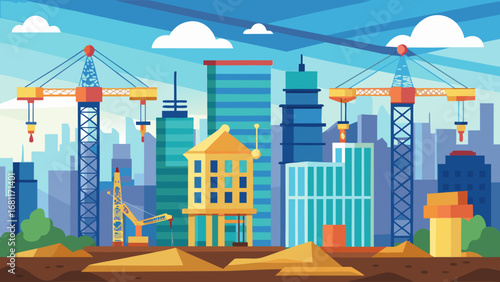 Vector art of construction site with crane and building in the city during the daytime