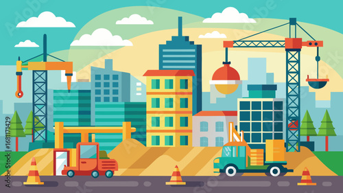Vector art of construction site with crane and building in the city during a sunny day
