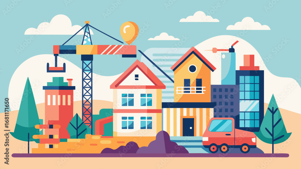 Fototapeta premium Vector art of house construction site with crane and buildings in flat vector illustration