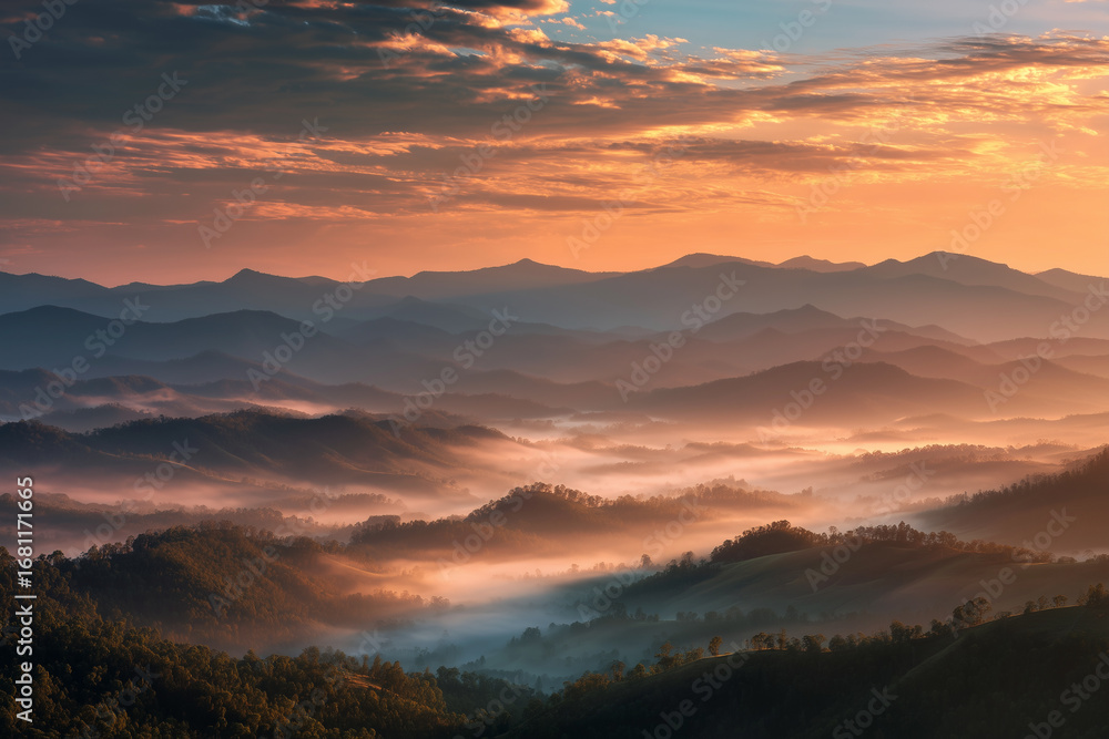 Obraz premium Sunrise over misty mountains