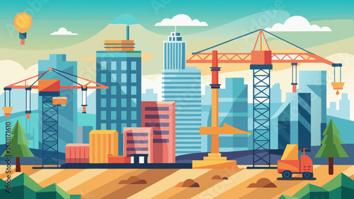 Vector art of construction site with cranes and buildings in the city during the day