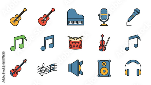 Musical instruments: A diverse ensemble of musical instruments and music notes, offering a captivating visual representation of the world of melodies. 