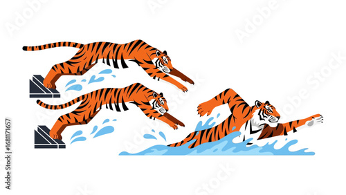 Tiger Swimming with the water : Captivating illustration of tigers poised in water, showcasing their powerful stroke, speed and athleticism in a dynamic display.