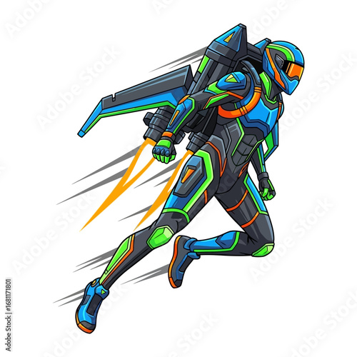 Jetpack Warrior in Flight: A dynamic illustration showcasing a futuristic warrior in a sleek jetpack suit soaring across the sky, evoking a sense of speed, innovation.