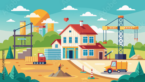 Vector art of construction of a new house with cranes and trucks in a green landscape