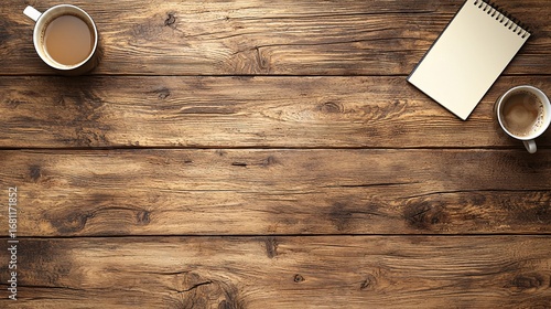 Overhead view of a wooden table featuring coffee cups and a notepad, ready for work.