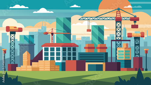 Vector art of construction site with cranes and buildings in a cityscape vector illustration