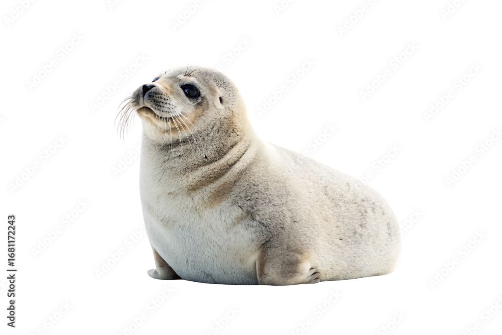 Fototapeta premium Adorable gray and white seal pup sitting upright with large dark eyes and whiskers, isolated on a transparent background