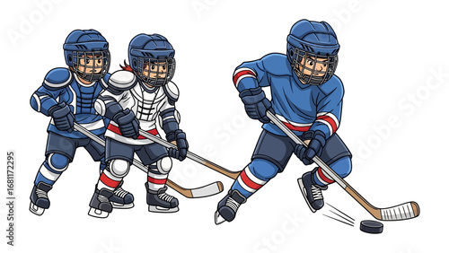 Kids Hockey Players: A dynamic illustration captures the excitement of children playing hockey, showcasing their youthful energy and teamwork. A vibrant scene