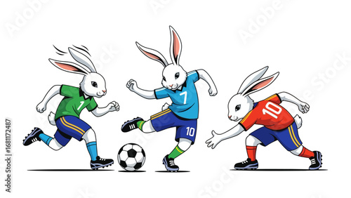Rabbit Soccer Match: A dynamic cartoon illustration shows three animated rabbits, each in soccer kits, engaged in an energetic soccer match, depicting a playful and engaging scene.