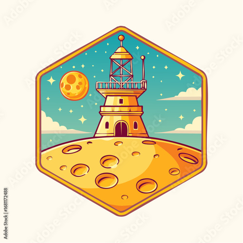 A whimsical illustration of a lighthouse standing tall on a cratered moon, under a vibrant starry sky with a giant celestial body, symbolizing guidance and discovery in an enchanting alien landscape