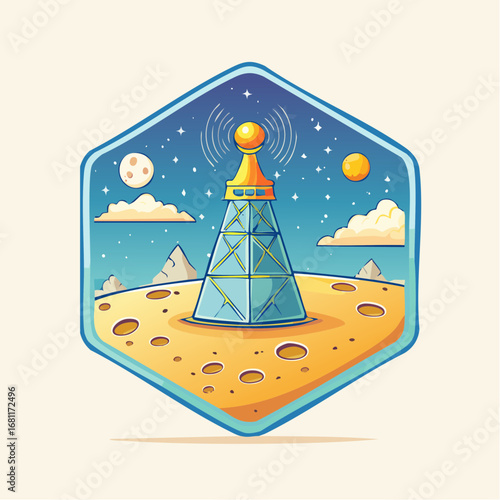 Celestial Transmission Tower on an Alien Moonscape with Starry Sky and Planets Illustration