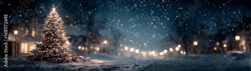 Christmas tree glowing in snow at night with stars, falling snowflakes and gifts under it. Wide angle shot, perfect as high definition mobile wallpaper, winter landscape.