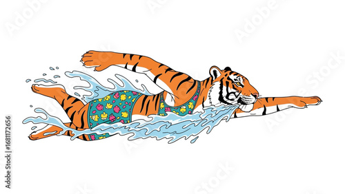 Swimtime Tiger: A cartoonish illustration of a tiger gleefully swimming through the water.