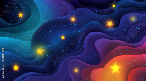 A beautiful background in vibrant blue and purple tones with painted stars. Bright wallpaper for children's themes with illustrations.