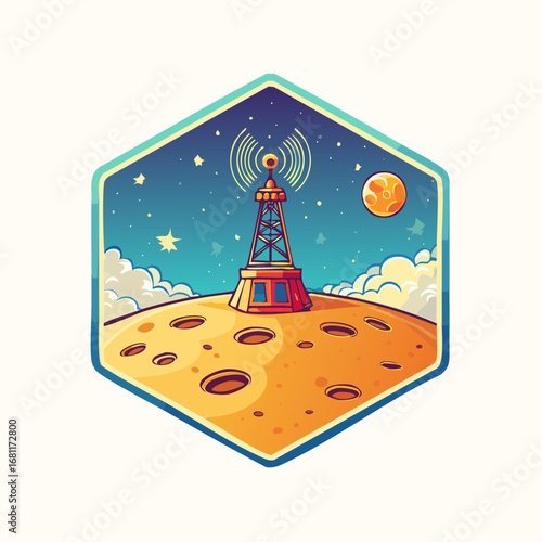 Stylized vector illustration of a communication tower on a cratered moon, broadcasting a signal into the cosmos within a hexagonal emblem