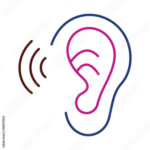 Modern line art symbol for hearing, communication, and audiology.Stylized human ear illustration, listen or eavesdrop icon.