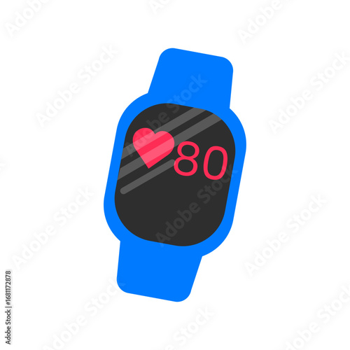 Flat vector illustration of a smartwatch with heart rate monitor. Wearable fitness tracker icon for sport, gym, health, workout, technology and active lifestyle design projects.