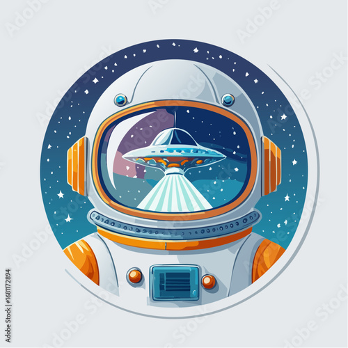 UFO sighting reflected in astronaut helmet, exploring outer space, cosmic encounter with alien spacecraft against starry background, science fiction concept art