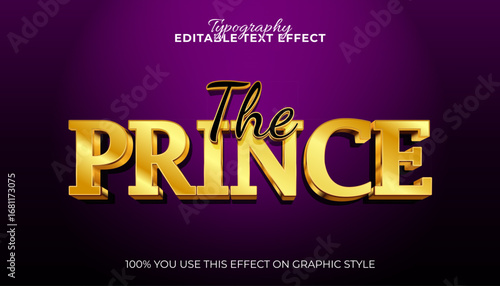 the prince typography with a shiny gold metal effect. Editable vector graphic style for creating luxurious and elegant text on a violet backdrop
