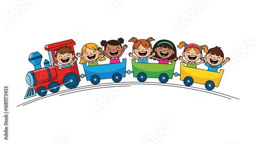 Joyful Ride on the Toy Train: A vibrant illustration captures a cheerful group of children aboard a whimsical toy train, full of happiness and the magic of play.