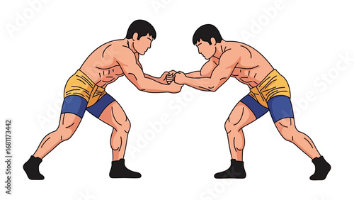 Wrestling Match: Intense moment captured of two athletes, embodying strength and competition, locked in a focused struggle, displaying determination and agility.