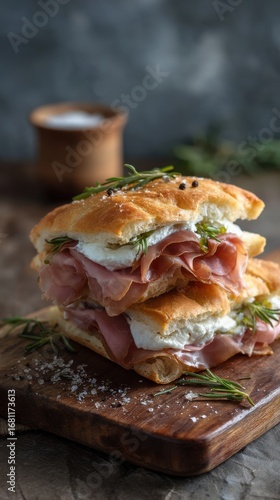 Stacked focaccia sandwich with prosciutto and mozzarella on wood board rustic style food photography close up