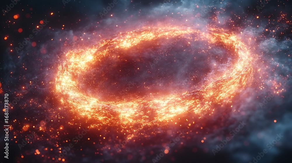 Obraz premium Abstract glowing cosmic ring with fiery particles set against a dark nebulous photo