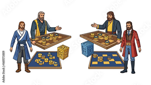 Strategy Game: Two pairs of players engage in strategic tabletop gameplay, each team engrossed in their own game, fostering a sense of focused competition and intellectual engagement.