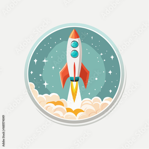 Cartoon Rocket Launching in Space, Design Element for Startup or Business Concept