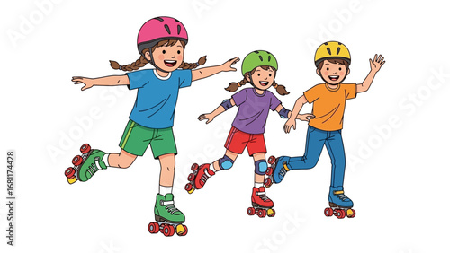 Joyful Roller Skating: Three young children, equipped with roller skates and helmets, glide gracefully across a sunlit surface.