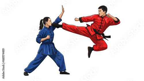 Dynamic Martial Arts Demonstration: A man and woman, clad in vibrant martial arts attire, engage in a powerful and dynamic demonstration of skill, strength, and discipline.