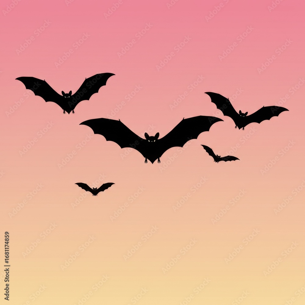 Fototapeta premium Bats flying against a pink-orange gradient sky at dusk 