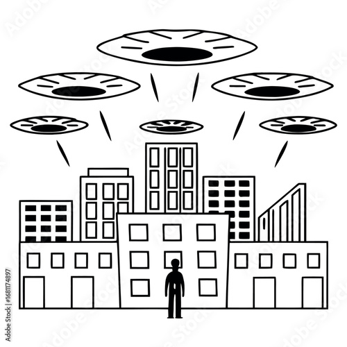 Alien invasion over stylized city with lone figure cityscape UFOs