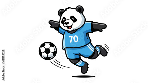 Panda Football Player Kicking Soccer Ball: A cheerful panda, dressed in a soccer uniform with the number 70, joyfully kicks a soccer ball.