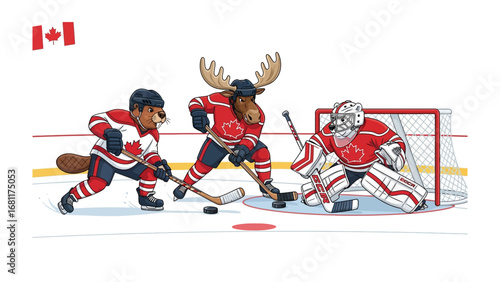 Hockey Game Mascot Illustration: A dynamic illustration showcasing mascots engaged in an ice hockey game.