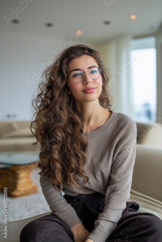 Young caucasian female with glasses and long curly hair in casual setting Free Download Young caucasian female with glasses and long curly hair in casual setting - GFXLoad