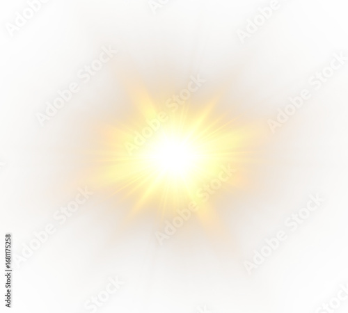 Sun glare flares with a glowing burst of starlight and bright rays. Sparkling beams create a golden texture of brilliance and celebration.