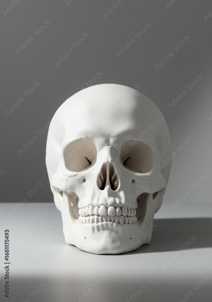 Obraz premium Realistic white human skull on surface with neutral background 