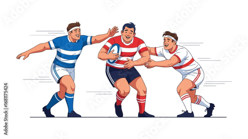 Rugby Match in Action: A dynamic illustration captures a thrilling moment in a rugby match. Two players vigorously attempt to tackle another, who bravely advances the ball.