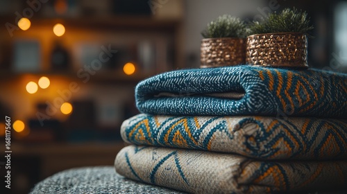 Cozy blankets stacked, warm interior, fairy lights, home decor
