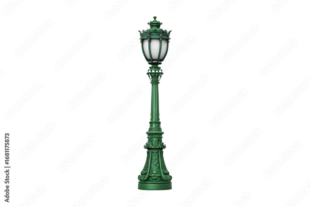 Fototapeta premium Ornate green street lamp with intricate design and glowing white glass, isolated on a transparent background