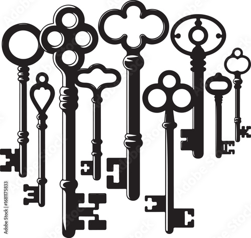 Antique key silhouettes Medieval and modern keys silhouette vector illustration