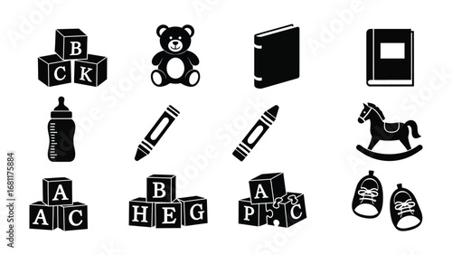 Children's Playtime: A collection of various toys, carefully illustrated in high contrast, evoke playful exploration and the simple joys of childhood, from building blocks to teddy bears.