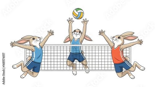 Volleyball rabbits jumping to spike: Adorable, energetic rabbits engage in a spirited volleyball game, showcasing teamwork, and athleticism in a vibrant, cartoon illustration.