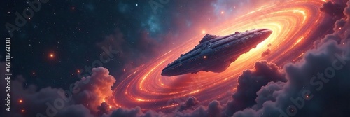 Mysterious, swirling nebula reveals a colossal alien spacecraft partially obscured by cosmic dust and gas A breathtaking sight of interstellar travel and extraterrestrial life , wonder, cosmic