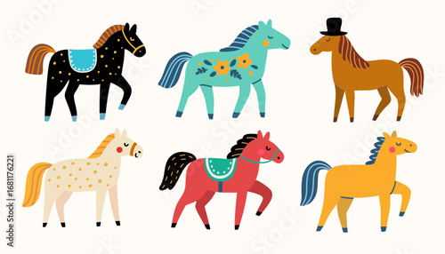 Set of cute cartoon horses. Funny animals