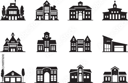 fire station buildings silhouette set