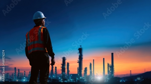 Worker silhouette stands against refinery chimneys during sunset, showcasing vibrant sky filled with deep blue and orange hues, evoking sense of contemplation and industry